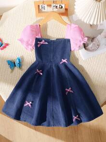 Adorable Tween Girls A Line Denim Dress Square Neck Puff Sleeve Dark Wash Midi Skirt Bow Tie Detail - Dark Wash - View 4