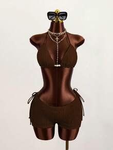 3pcs Women's Solid Color Textured Fabric Tie Neck Bikini Set - Brown - View 5