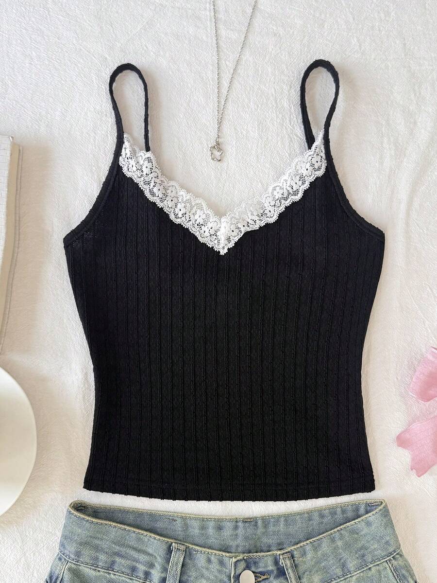 SHEIN Áo hai dây viền ren màu tương phản thường ngày cho bé gái tuổi mới lớn - màu đen - Xem 1