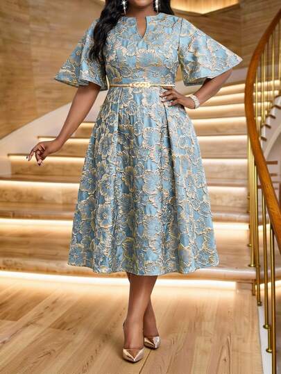 Fleurora Spring And Summer Autumn And Winter Elegant Modest Party Wedding Valentine's Day  Cocktail Party Concert/Music Festival Christmas Colorful Blue Woven Jacquard Notched Ball Gown Flared Flounce Sleeve Midi Short Sleeve Plus Size Dresses Christmas Dress Christmas Party Dress Christmas Outfit For Women Christmas Clothes New Year's Eve Dress New Year Clothes New Year Dress New Year Outfit New Year Women Party Dress Elegant Dresses For Party Elegant Party Dress Elegant Dresses For Women Elegant Dresses For Ladies Elegant Dress Women Luxury Evening Dresses For Women Luxury Evening Dress For Women Luxury Evening Dresses For Weddings Shiny Dress Sparkly Dress Plus Size Formal Gown (Heavily Embellished)