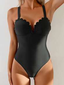 Shapewave Women's Summer Vacation Casual Beach Wear Solid Black Ruffle Adjustable Strap One-Piece Bikini Set Slimming Tie-Up Bikini Set Set - Black - View 4