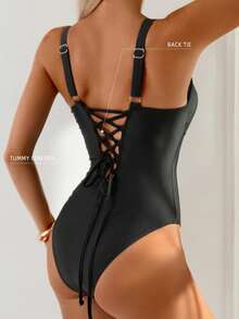 Shapewave Women's Summer Vacation Casual Beach Wear Solid Black Ruffle Adjustable Strap One-Piece Bikini Set Slimming Tie-Up Bikini Set Set - Black - View 2