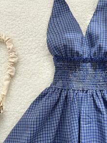 Elamini Women's Blue Halter Neck Ruffle Tie Plaid Midi Dress - Blue - View 4