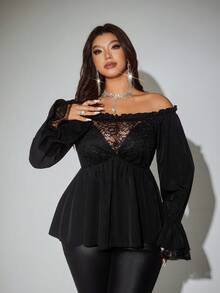 Viva Relle 大码女式撞色蕾丝露肩长袖时尚衬衫 - 黑色 - 查看 1