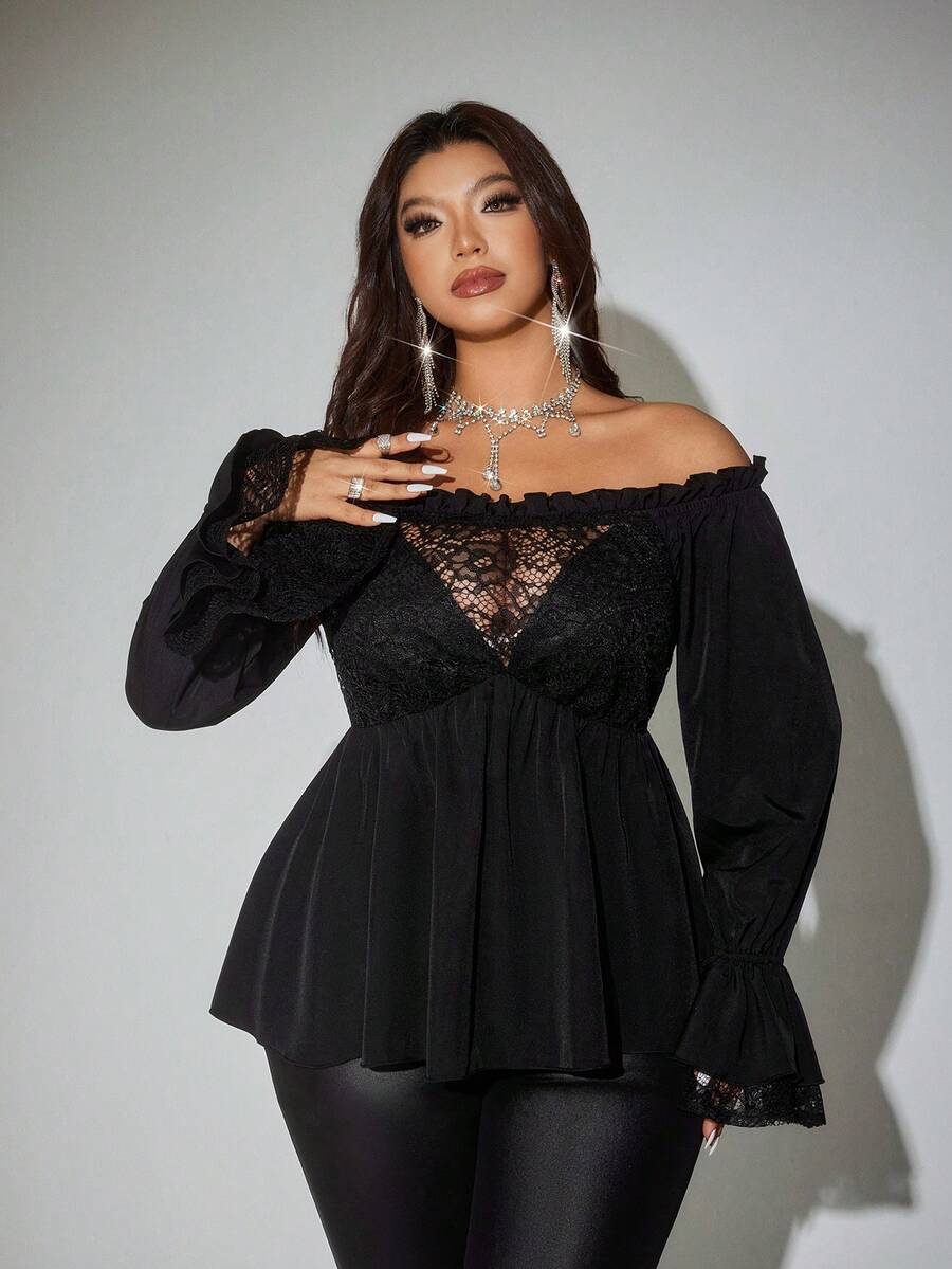 Viva Relle 大码女式撞色蕾丝露肩长袖时尚衬衫 - 黑色 - 查看 1