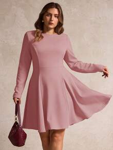 Elegantrix Plus Size Wavy Hem A-Line Casual Mini Dress, Autumn/Winter - Pink - View 2