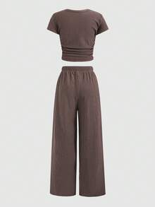 SHEIN Tween Girls Bow Ribbed Print T-Shirt And Leggings 2 Pieces Set, Casual Daily Fashion Versatile - Khaki - View 2