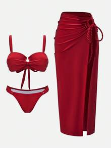 Swim Oasis 2022夏季度假沙滩高级优雅交叉裹身加垫红色三件套泳衣