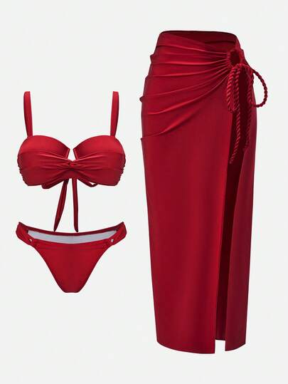 Swim Oasis 2022夏季度假沙滩高级优雅交叉裹身加垫红色三件套泳衣