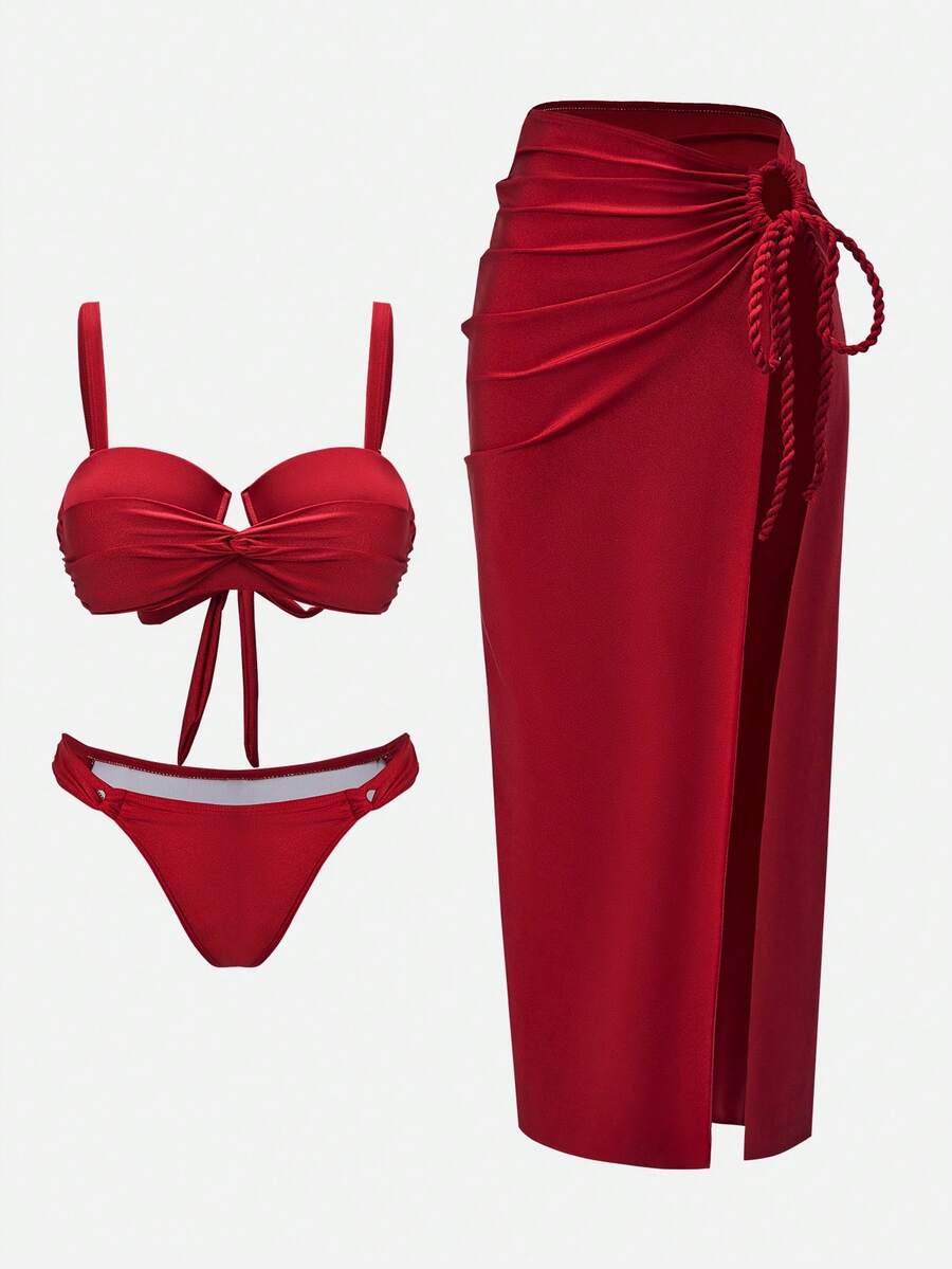 Swim Oasis 2022夏季度假沙滩高级优雅交叉裹身加垫红色三件套泳衣