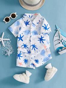 两件套幼儿婴儿男童度假绿色热带植物图案短袖衬衫松紧腰短裤套装，儿童服装。幼儿服装，幼儿衬衫，幼儿短裤，婴儿套装，6个月-3岁 - 彩色 - 查看 2