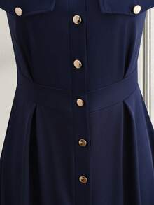 Franclia Women's Navy Blue And White Summer Elegant And Classy Office Dress,White Splice Lapel Sleeveless Single-Breasted Waist Cinched Long Preppy Mod Dress - Navy Blue - View 6