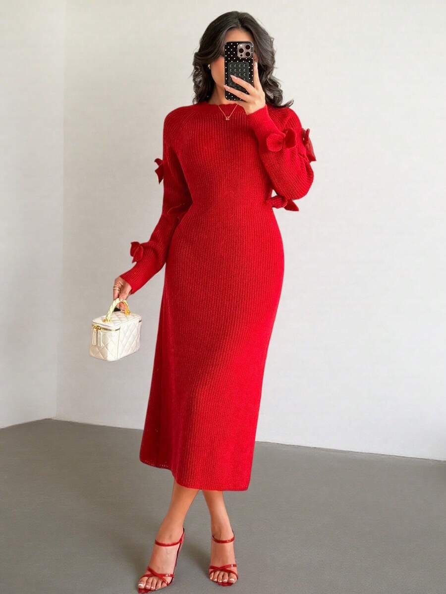 Rafferiza 女式基本款简约时尚设计蝴蝶结优雅法式毛衣裙 - 酒紅色 - 查看 1