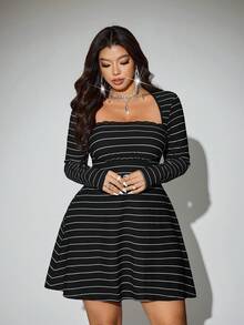 Viva Relle Plus Size Women Contrast Lace Swan Collar Striped Long Sleeve Fashion Dress