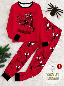 2件套男童印花撞色滚边圆领长袖修身睡衣套装，秋季款 - 紅色 - 查看 1