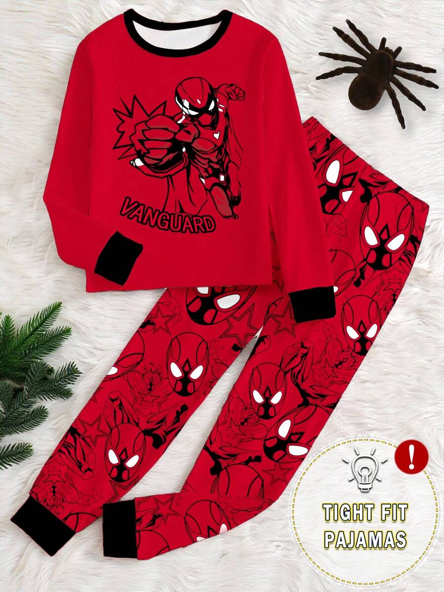 2件套男童印花撞色滚边圆领长袖修身睡衣套装，秋季款 - 紅色 - 查看 1