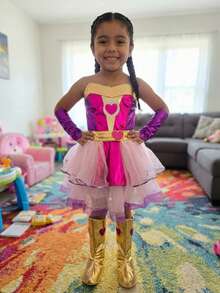 Conjunto para niña estilo superhéroe de fantasía, vestido con tul y estampado de corazones brillantes, confección metálica luminosa, material suave y cómodo, falda amplia vaporosa, escote tipo palabra de honor, sin mangas, primavera/verano, disfraz ideal para fiestas, presentaciones y Halloween - Rosa - Ver 1