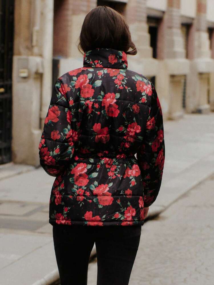 Black Floral Padded Jacket With Red Rose Print Adjustable Waist Tie And Front Flap Pockets Chic Winter Outerwear Spring Spring