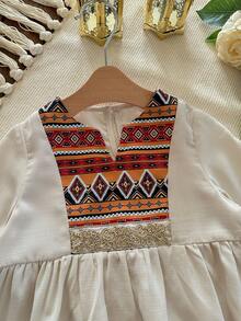 SHEIN Baby Girl Vacation Casual Apricot Patchwork Retro Pattern Long Sleeve Shirt & Elastic Waist Pants Set - Apricot - View 4