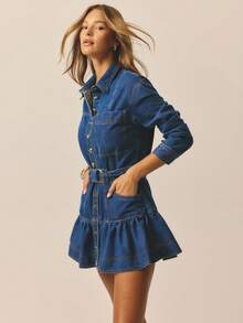 Aralina 女士休闲时尚优雅奢华长袖牛仔迷你连衣裙，配金色腰带，是圣诞节派对、新年派对以及派对季的完美之选。 - 中等水洗藍 - 查看 5