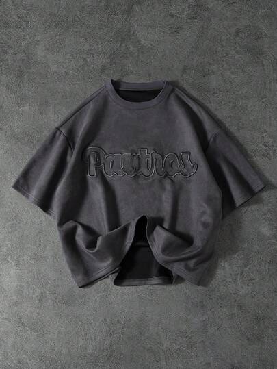 PAVTROS 男士个性化时尚3D刺绣圆领短袖休闲T恤 宽松T恤 男士宽松T恤 男士宽松短款印花T恤 男士标语图案落肩T恤