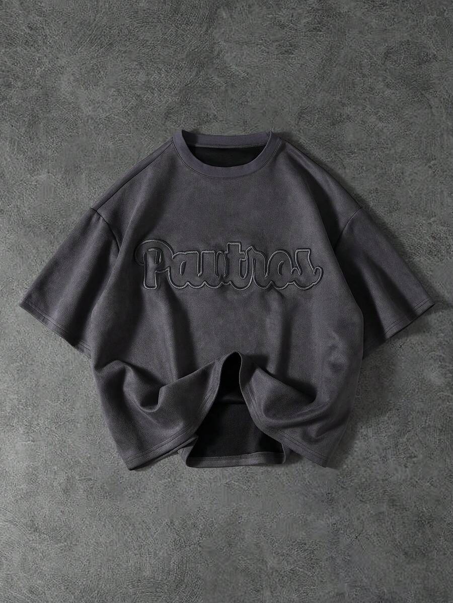 PAVTROS Men's Personalized Fashion 3D Embroidery Crew Neck Short Sleeve Casual T-Shirt Dark Grey,Summer,Streetwear,City Break Oversized Slogan Graphic Tee - Dark Grey - View 1