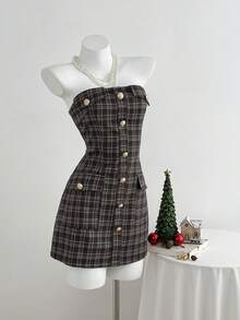 Elamini Váy ngắn chữ A kẻ caro viền kim loại trang trí cho nữ - Nhiều màu - Xem 3