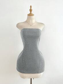 Elamini Costum de lână pentru femei, set elegant de jachetă scurtă și rochie mini, talie casual, slim fit, două piese - Gri - Vizualizare 7