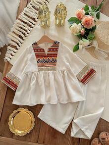 SHEIN Baby Girl Vacation Casual Apricot Patchwork Retro Pattern Long Sleeve Shirt & Elastic Waist Pants Set - Apricot - View 5