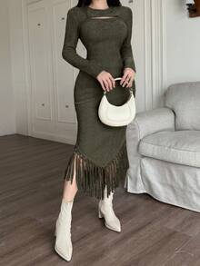 Feyla Women's Solid Color Round Neck Regular Shoulder Long Sleeve Fitted Long Dress - Army Green - View 4