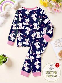 女童紧身睡衣套装 - 圆领长袖长裤睡衣套装，藏蓝色猫咪印花，粉色罗纹袖口，修身剪裁，四季皆居睡衣，2026假日必备，可爱礼物，甜美俏皮风格 - 寶藍色 - 查看 2