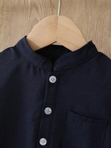 SHEIN Toddler Infant Baby Boys Traditional Casual Long Sleeve Stand Collar Button Half-Open Front Pocket Robe Top, Adjustable Sleeve Length, Side Slit Hem Design, Arabic Dishdasha, Islamic Clothing, Kaftan, Saudi Arabian Outfit, Robe, Boys White Kurta, Boys White School Thobe, Boys Kurtas, Basic Silhouette Suitable For Spring, Summer, Autumn, Winter,3M-3T - Royal Blue - View 4