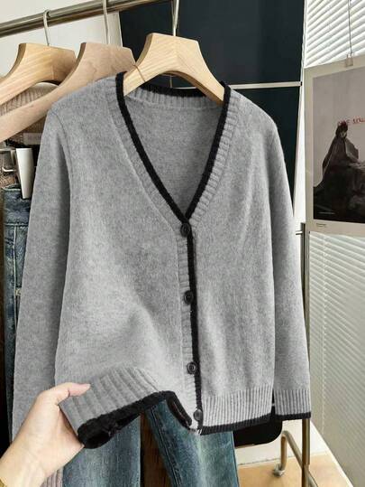 Franclia 女士秋冬新款休闲宽松优雅撞色滚边针织套头毛衣，百搭显瘦