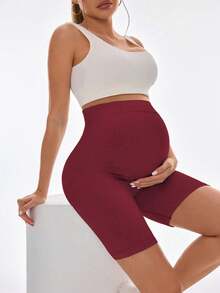 SHEIN Maternity Elastic Waist Shorts, High Waist Comfortable Yoga Shorts, Butt Lifting,1pc Maternity Shorts Over Belly, Soft Stretch Fit, Comfy Fabric For All Pregnancy Stages, Ideal For Casual Outfits, Work, Home, Travel, Errands, Prenatal Fitness Or Relaxation - Burgundy - View 5