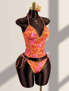 Zestiva 女士夏季度假休闲沙滩装热带花卉印花无肩带抹胸系带露背吊带比基尼蕾丝边两件套泳衣 - 彩色 - 查看 3