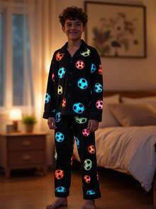 Tween Boys Pajamas-2 Pieces Pajama Set Soccer Ball Print Black Pajama Set For Boys Long Sleeve Notch Collar Button Front Long Pants Four Seasons Nightwear Holiday 2026 Must Have Festive Gift Comfortable Cozy Lounge This Product Requires UV Light Exposure To Glow - Black - View 1