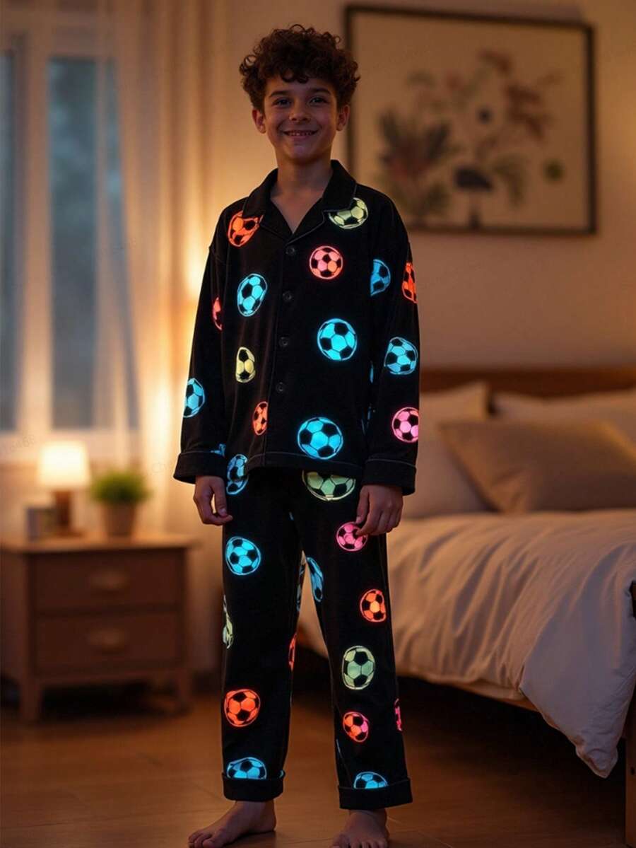Tween Boys Pajamas-2 Pieces Pajama Set Soccer Ball Print Black Pajama Set For Boys Long Sleeve Notch Collar Button Front Long Pants Four Seasons Nightwear Holiday 2026 Must Have Festive Gift Comfortable Cozy Lounge This Product Requires UV Light Exposure To Glow - Black - View 1