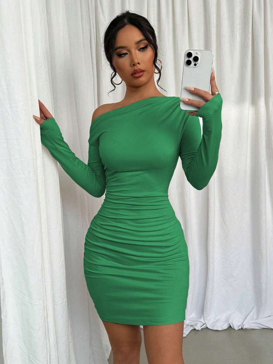 Elenzga 女士不对称褶皱长袖连衣裙 - 綠色 - 查看 1