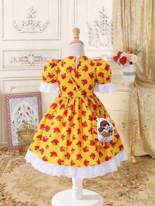 Ramadan Lantern, Star & Moon Cartoon Print Lace Patchwork Robe, 1pc Cute Infant Printed Dress, Abaya - Orange - View 2