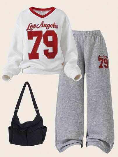 Sparklyn 2pcs/Set Women's Casual Sporty Number Print Pullover Hoodie Sweatshirt, Fashionable American Style For Autumn/Winter Fall