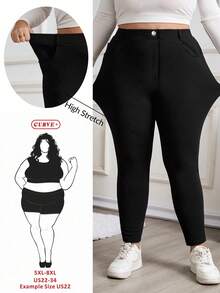SHEIN CURVE+ Plus Size Women High Waist Solid Color Pants, Suitable For Daily Wear/Winter Baggy - Black - View 1