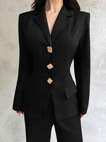 Firerie Bộ vest vest blazer phong cách cổ điển thanh lịch và quần ống loe ôm cho nữ - màu đen - Xem 9