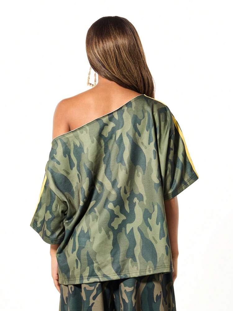 SUMWON WOMEN Camo Off Shoulder Top With Striped Sleeves