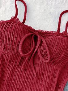 少女红色针织纹理吊带背心，蝴蝶结蕾丝款式，适合夏季、返校、度假、日常休闲穿着 - 紅色 - 查看 4