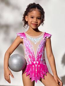 Young Girls Cap Sleeve, Cap Sleeve Printed Leotards, Comfortable & Skin-Friendly, Snug Fit Design To Prevent Exposure, Rhythmic Gymnastics Activewear, School Dance Competition Unitard, Suitable For All Seasons, Rose Red, Christmas Festive Pattern - Hot Pink - View 3