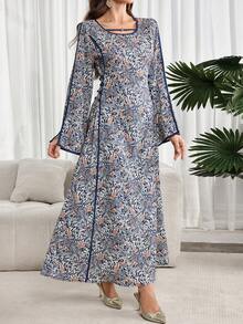 Al Najma Women's Round Neck Flare Sleeve All-Over Print Waist Cinched Elegant Arabic Style Dress - Brown - View 4
