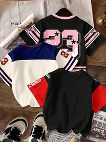 Attitoon 3 pièces Set T-shirt à manches courtes ample, col rond, graphique vintage de numéro de moto américaine minimaliste et décontracté pour femmes, convient pour l'été