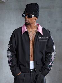 ROMWE MEN Street Life Men's Floral Embroidery Pattern Turndown Collar Zip Front Long Sleeve Denim Jacket - Black - View 8