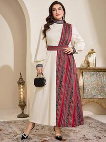 Al Najma Plus Size Women Geometric Print Patchwork Arabic Style Dress - Multicolor - View 6