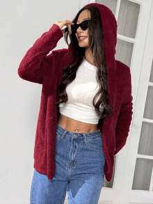 SHEIN EZwear 女士酒红色双面抓绒宽松连帽外套，秋冬季休闲家居服 - 酒紅色 - 查看 5